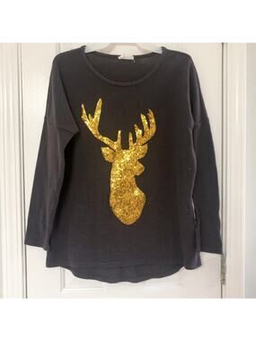 STYLE ROCK • Gold Sequins Deer Stag Brown Fleece Tunic Top